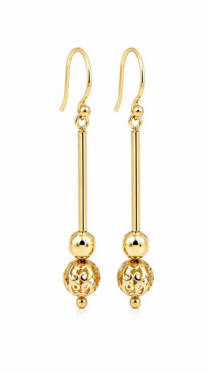 Genuine 9ct 9kt Yellow, Rose or White Gold Spinning 6mm Plain + 8mm Filigree Ball 50mm Drop Earrings