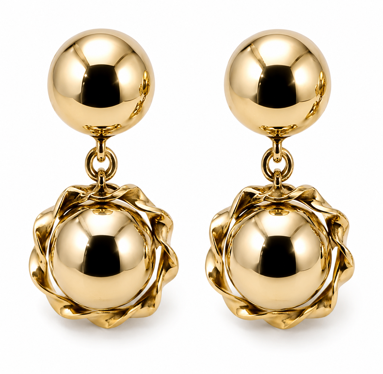 Genuine 9ct 9k 375 Yellow, Rose or White Gold Double Ball Fancy Drop Half Ball Stud Earrings