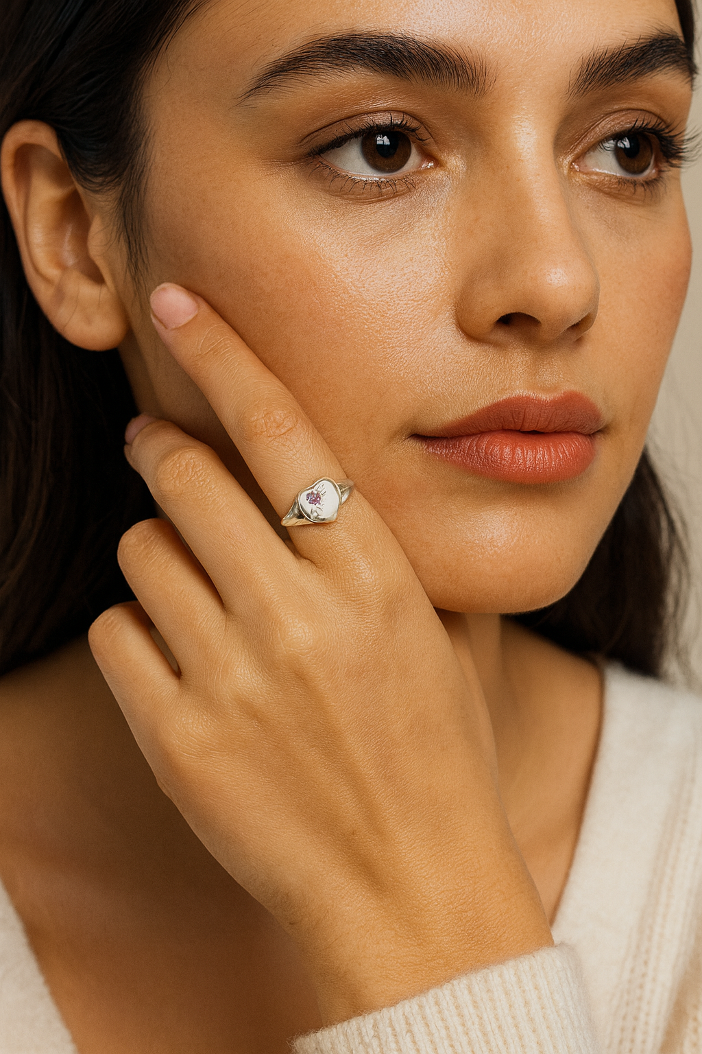 Genuine Large Sterling Silver Heart Set with Amethyst Signet Ring - Choose your size