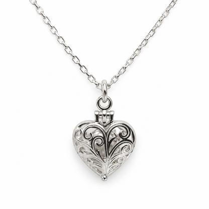 Sterling Silver 925 Heart Filigree Locket Pendant Diamond Cut Cable Chain