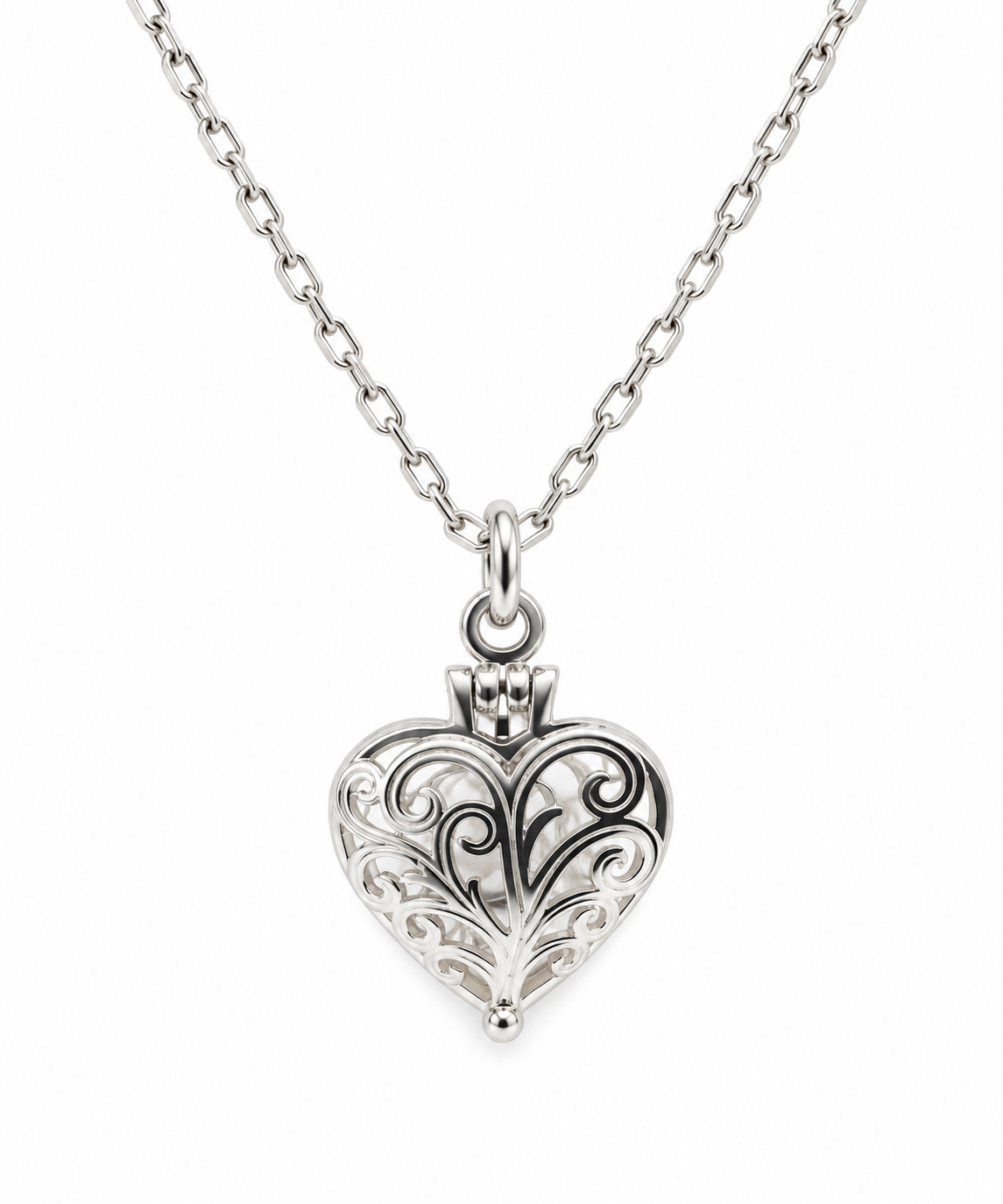 Sterling Silver 925 Heart Filigree Locket Pendant Diamond Cut Cable Chain