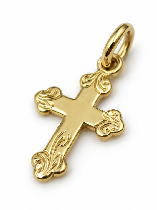 Genuine 9ct 9k 375 Yellow Gold Small Ornate Floral Cross Pendant Charm