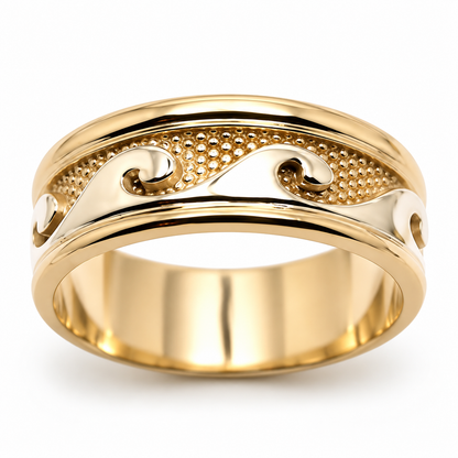 Solid Genuine 9ct 9kt 375 Yellow & White Gold Mens Surf Wave Ring - Choose your ring size