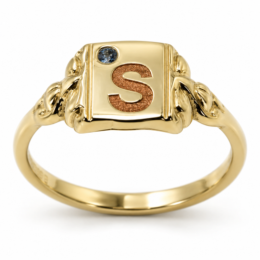 Genuine Solid 9ct 9kt 375 Yellow, Rose or White Gold Signet Ring + Aquamarine + One Initial