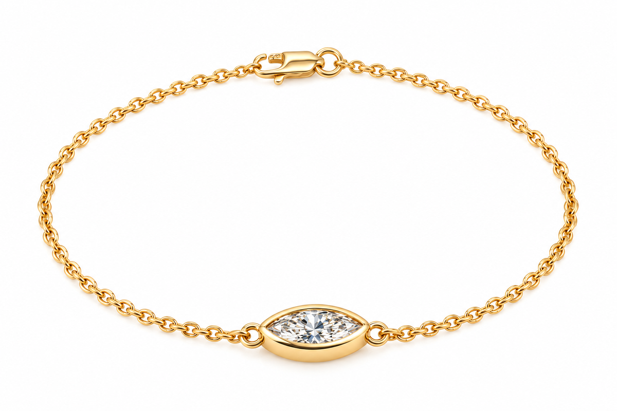 Genuine 9ct 9k 375 Yellow, Rose or White Gold Lab Grown 1.2ct Diamond Marquise Belcher 20cm Bracelet