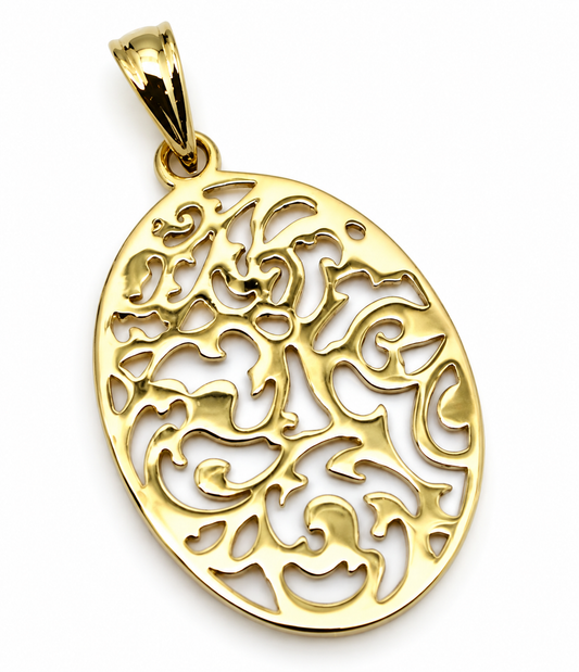 Solid 9ct 9k 375 Yellow, Rose or White Gold Medium Size Oval Filigree Pendant