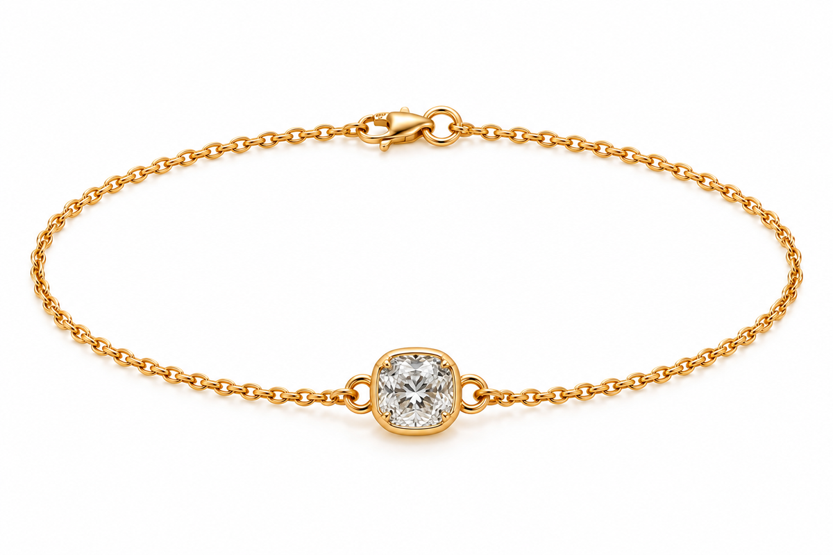 Genuine 9ct 9k 375 Yellow, Rose or White Gold Certified Lab Grown 1.2ct Diamond Cushion Cut Belcher 20cm Bracelet