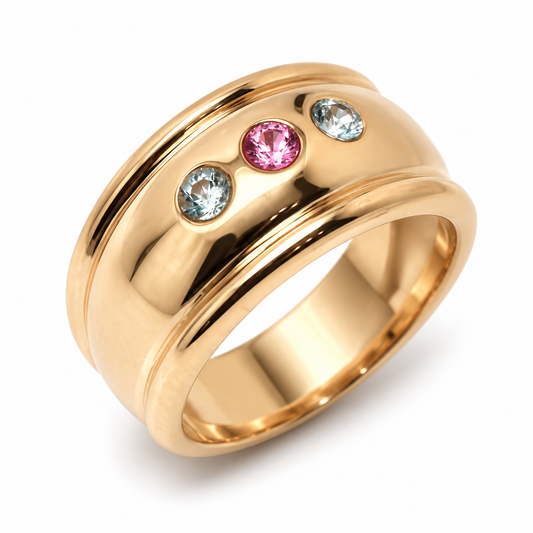 Genuine 9ct 9k 375 Full Solid Rose Gold Aquamarine + Pink Sapphire Thick Dome Ring 10mm Wide