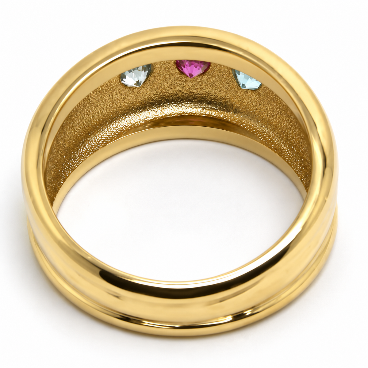 Genuine 9ct 9k 375 Full Solid Yellow Gold Aquamarine + Pink Sapphire Thick Dome Ring 10mm Wide