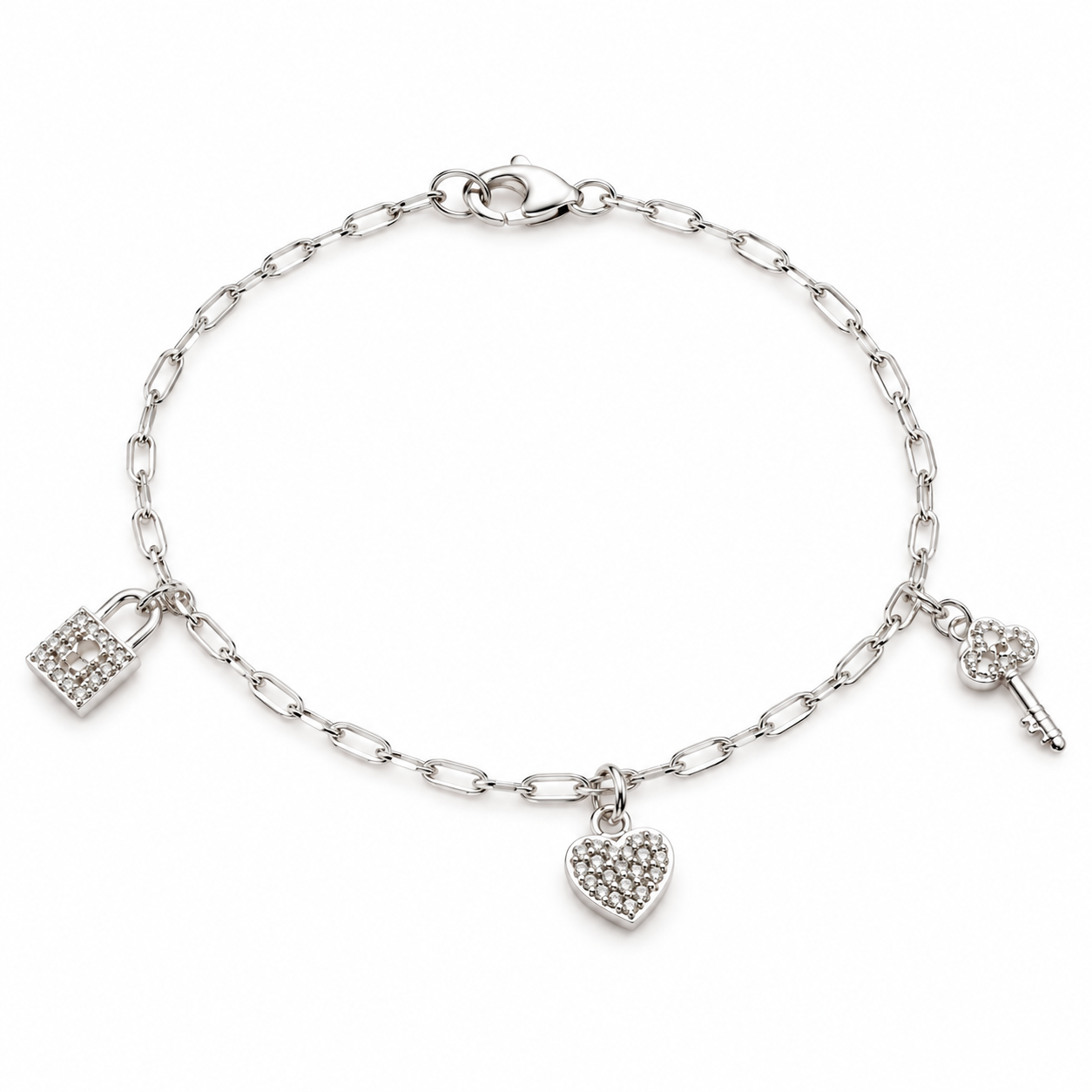 Sterling Silver 925 19cm Charm Paperclip Bracelet White Cz Padlock, Heart & Key