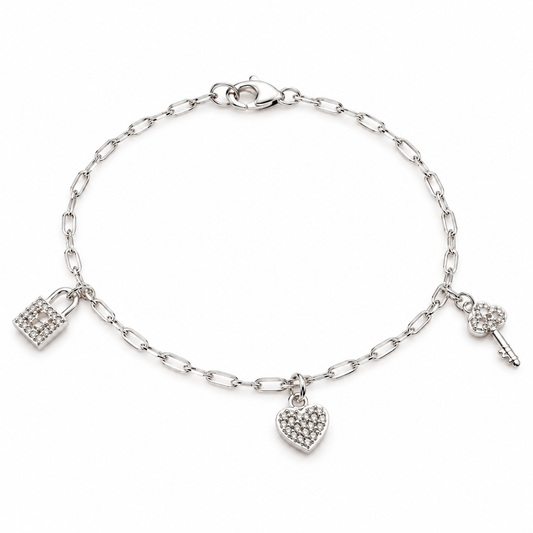 Sterling Silver 925 19cm Charm Paperclip Bracelet White Cz Padlock, Heart & Key