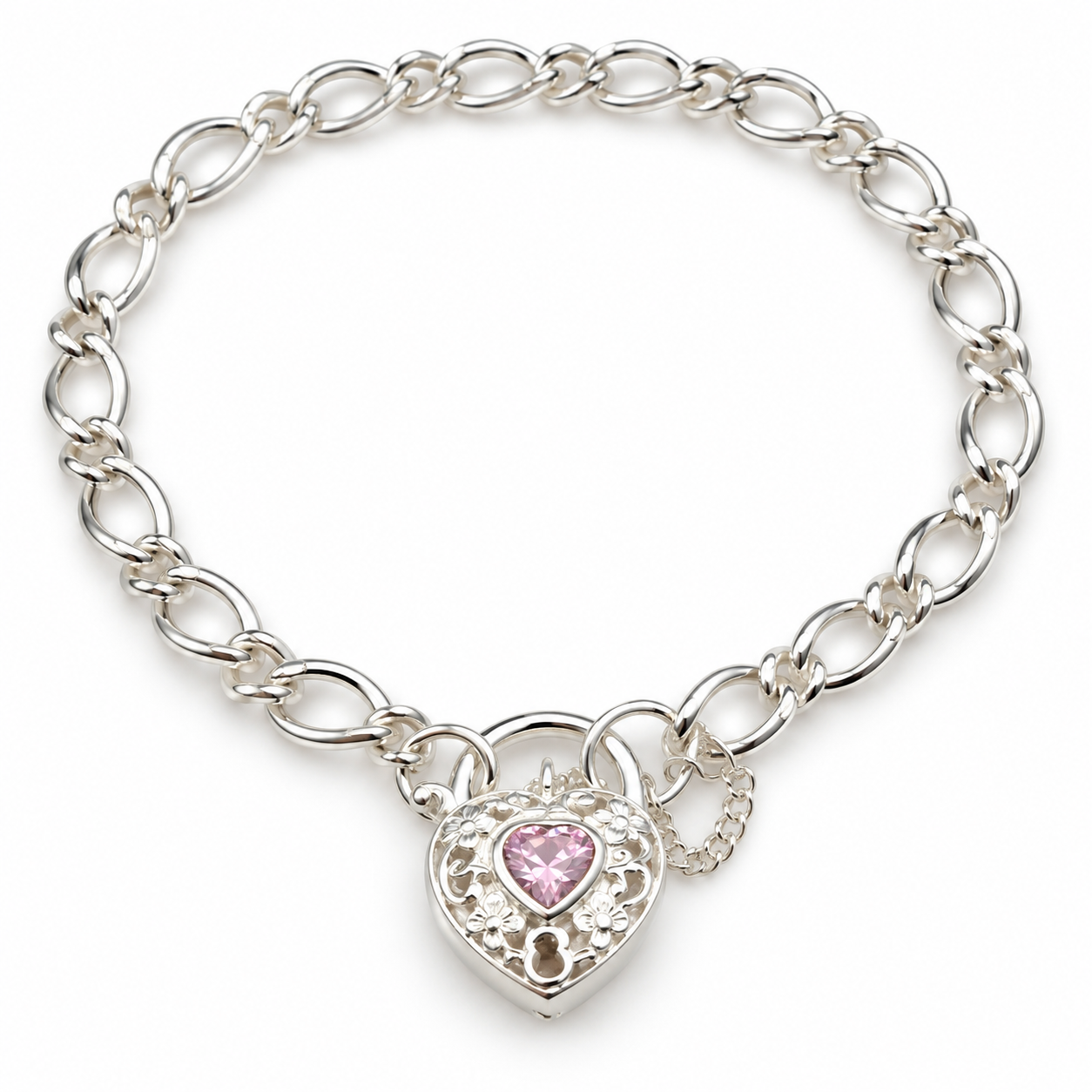 Sterling Silver 925 Heart Padlock (Pink CZ) Figaro Bracelet 19cm