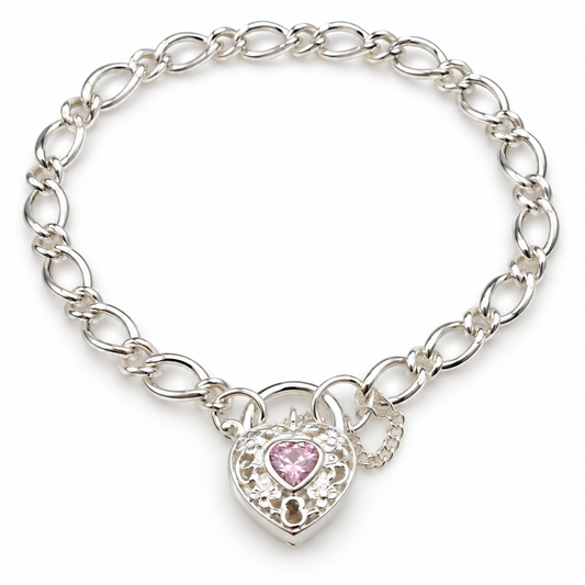 Sterling Silver 925 Heart Padlock (Pink CZ) Figaro Bracelet 19cm