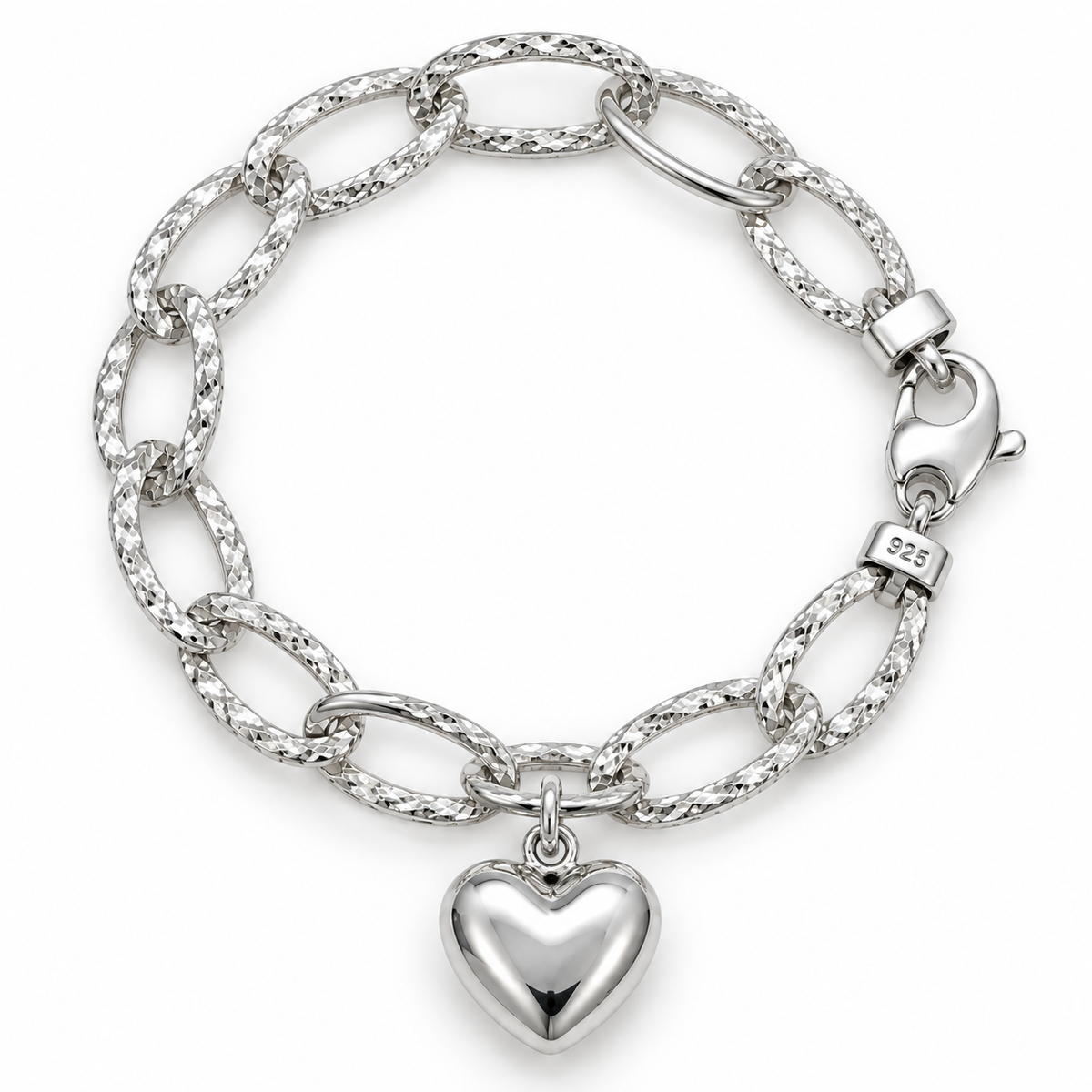 Sterling Silver 19cm Lightweight Bubble Heart Bracelet Paper Clip