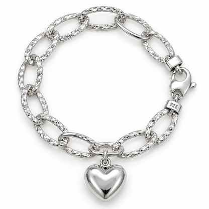 Sterling Silver 19cm Lightweight Bubble Heart Bracelet Paper Clip