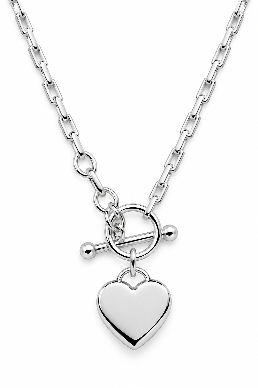 Genuine 45cm, 50cm or 55cm Sterling Silver 925 Cable Link With T-Bar And Heart Necklace
