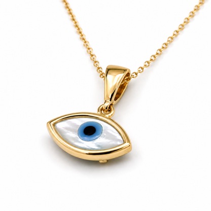 Genuine 9ct Yellow Gold Mother of Pearl & Enamel Evil Eye Pendant with Cable Chain