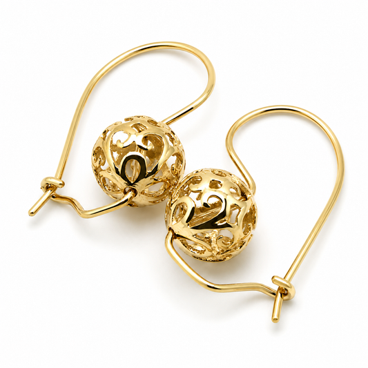 Genuine Solid 9ct 9k 375 Yellow, Rose or White Gold 10mm Euro Ball Drop Filigree Flower Earrings