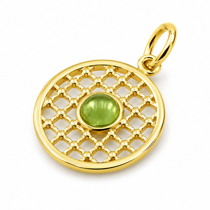 Genuine 9ct 9k 375 Yellow, Rose or White Gold 13.5mm Cabochon Peridot Filigree Disc round circle pendant