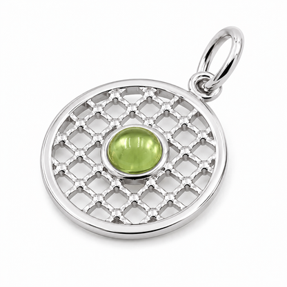 Genuine 9ct 9k 375 Yellow, Rose or White Gold 13.5mm Cabochon Peridot Filigree Disc round circle pendant