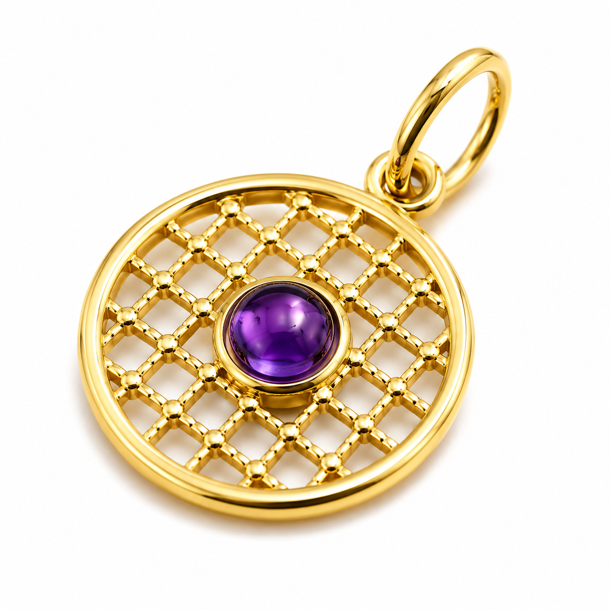 Genuine 9ct 9k 375 Yellow, Rose or White Gold 13.5mm Cabochon Amethyst Filigree disc round circle pendant