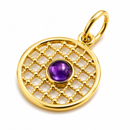 Genuine 9ct 9k 375 Yellow, Rose or White Gold 13.5mm Cabochon Amethyst Filigree disc round circle pendant