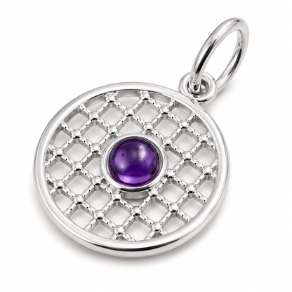 Genuine 9ct 9k 375 Yellow, Rose or White Gold 13.5mm Cabochon Amethyst Filigree disc round circle pendant