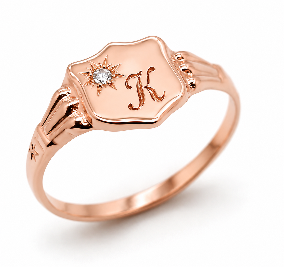 Genuine 9ct 9k 375 Yellow, Rose or White Gold Cubic Zirconia Shield Signet Ring - Engraving of one initial - Choose your ring size