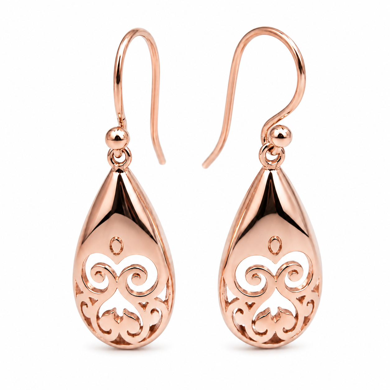 Genuine 9ct 9k 375 Yellow, Rose or White Gold Earrings Filigree Scroll Flower Teardrop Hook Earrings