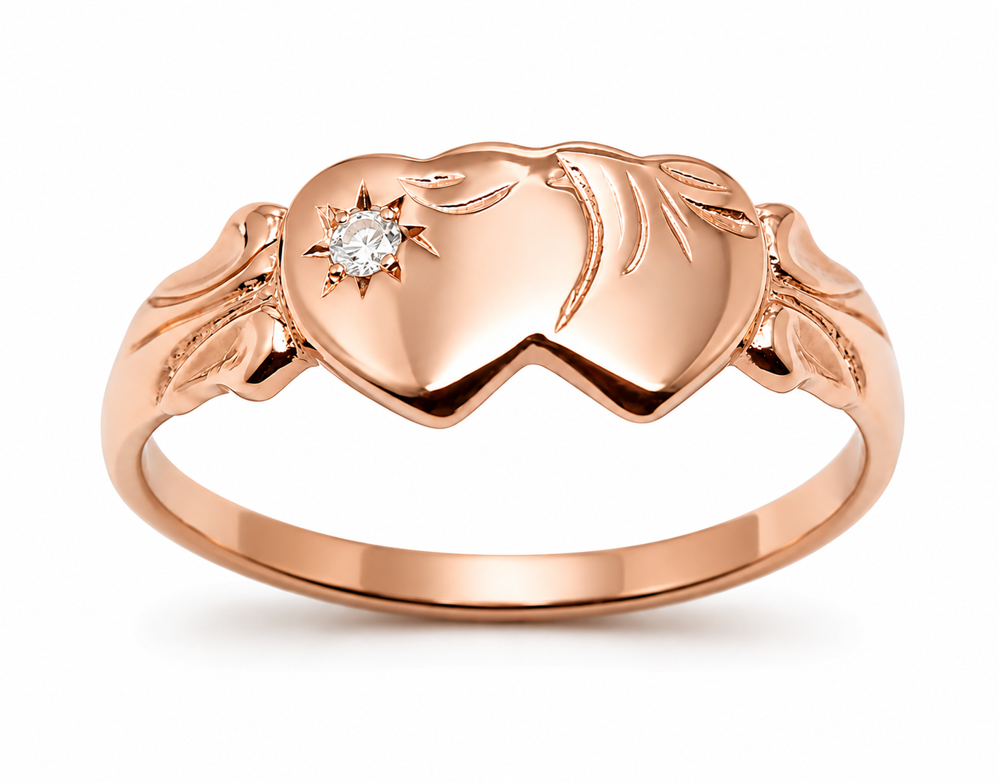 Genuine 9ct 9k 375 Yellow, Rose or White Gold Double Heart Cubic Zirconia Signet Ring - Choose your ring size H to P