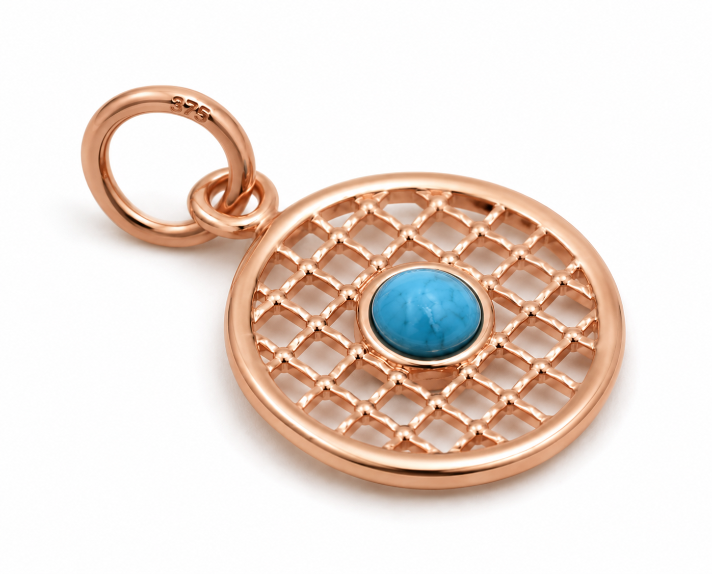 Genuine 9ct 9k 375 Yellow, Rose or White Gold 13.5mm Turquoise Filigree Disc Round Circle Pendant