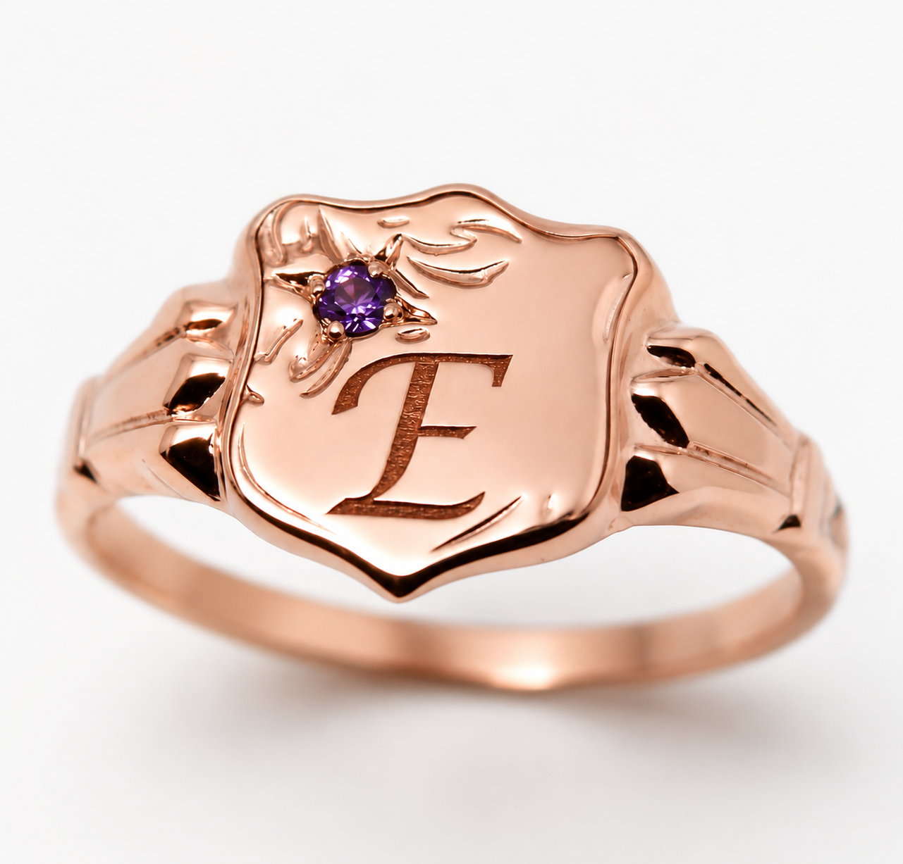 Genuine 9ct 9k 375 Small Yellow Gold Amethyst Shield Signet Ring + Engraving Of One Initial -  Choose your ring size -H to L