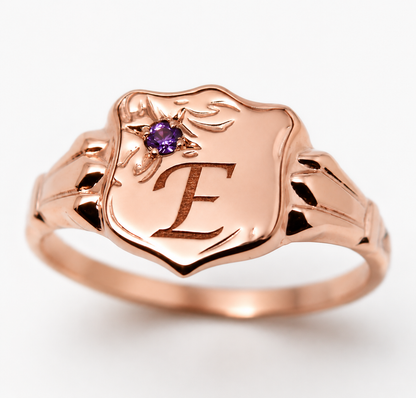 Genuine 9ct 9k 375 Small Yellow Gold Amethyst Shield Signet Ring + Engraving Of One Initial -  Choose your ring size -H to L
