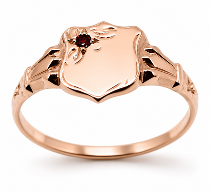 Genuine 9ct 9k 375 Small Yellow, Rose or White Gold Childs Ruby Shield Signet Ring - Choose your ring size D to K