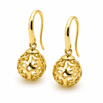Kaedesigns Genuine 9ct 9k 375 Yellow, Rose or White Gold 10mm Ball Drop Filigree Earrings