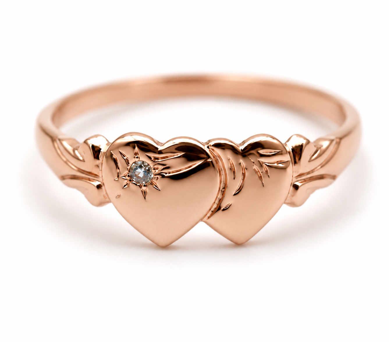 Genuine 9ct 9k 375 Yellow, Rose or White Gold Double Heart Blue Topaz Signet Ring (November Birthstone)