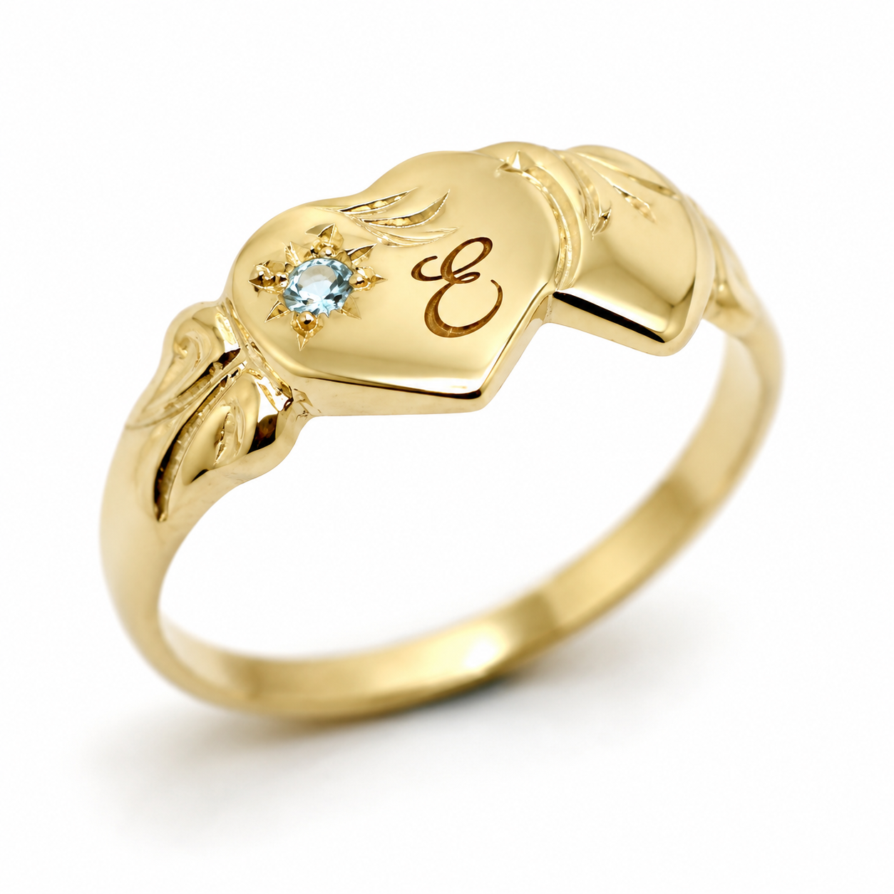 Genuine 9ct 9k 375 Yellow, Rose or White Gold Double Heart Topaz Signet Ring + Engraving 1 initial