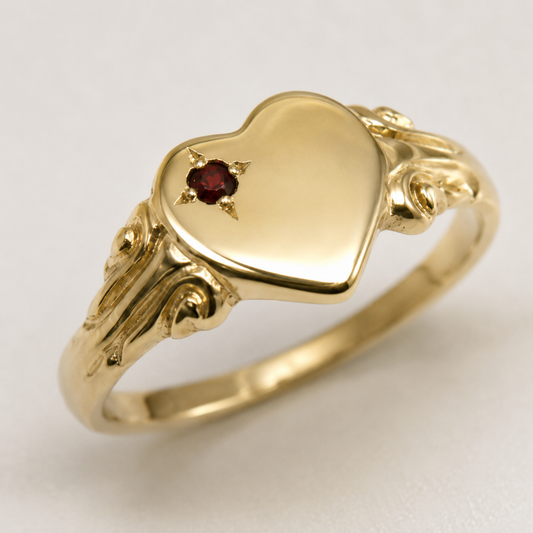 Genuine 9ct 9k 375 Yellow, Rose or White Gold Heart Ruby Signet Ring - July Birthstone