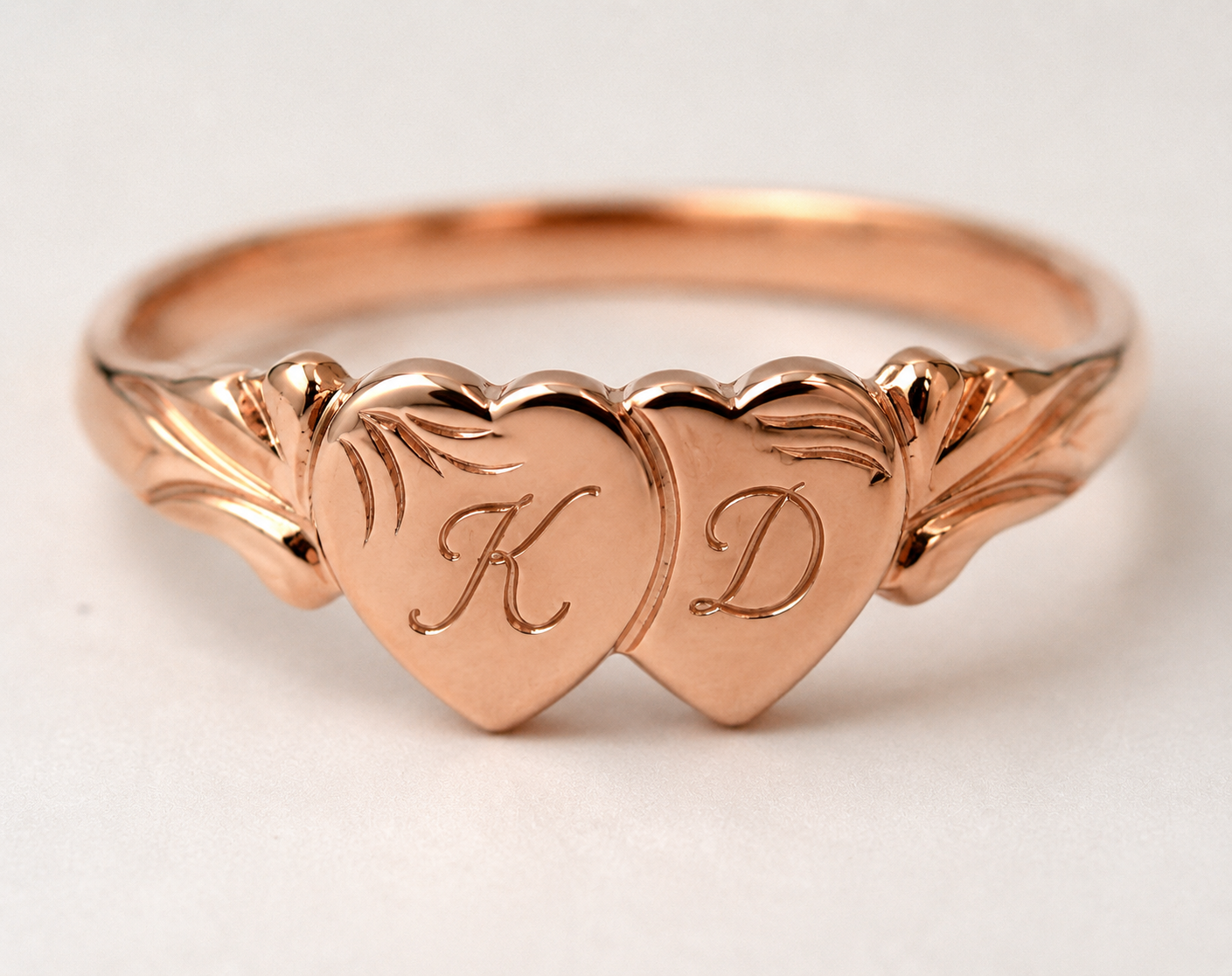 Genuine 9ct 9k 375 Yellow, Rose or White Gold Double Heart Signet Ring + Engraving 2 initials