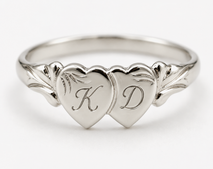Genuine 9ct 9k 375 Yellow, Rose or White Gold Double Heart Signet Ring + Engraving 2 initials