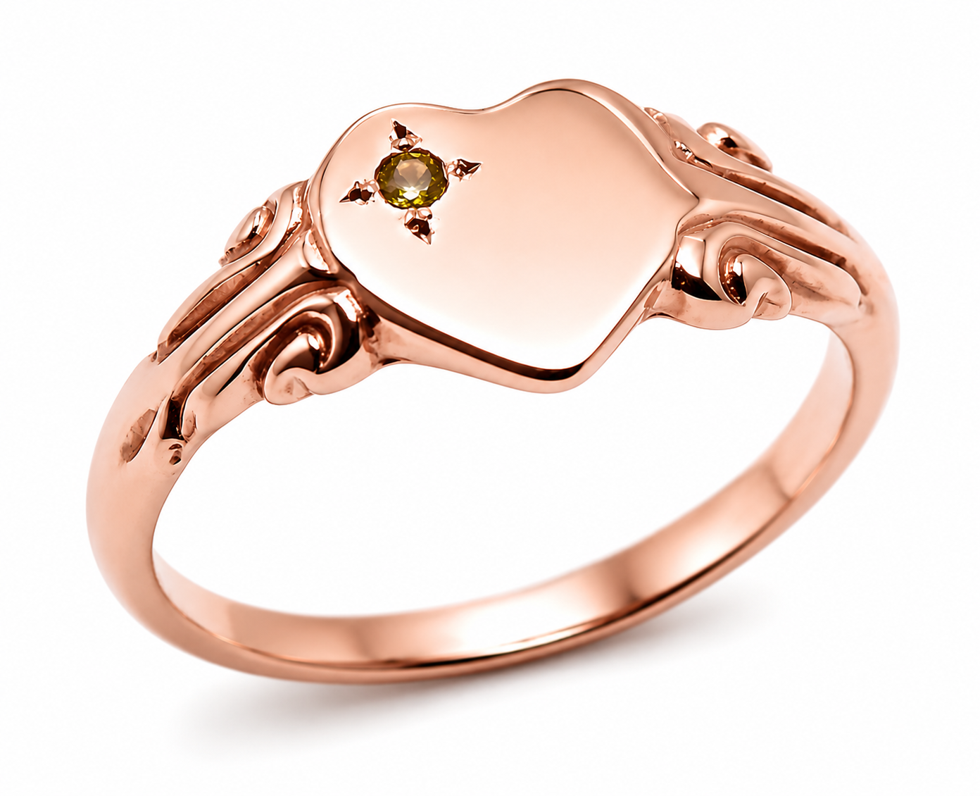 Size H, I or J,  August Birthstone 9ct 9k 375 Yellow, Rose or White Gold 375 Green Peridot Stone Heart Signet Ring