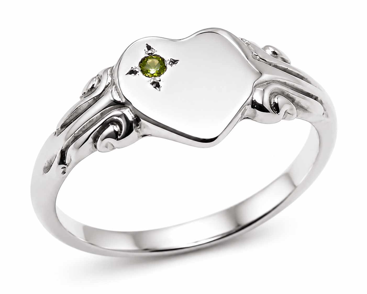 Size H, I or J,  August Birthstone 9ct 9k 375 Yellow, Rose or White Gold 375 Green Peridot Stone Heart Signet Ring