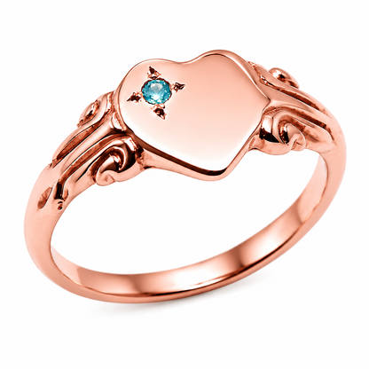 Genuine 9ct 9k 375 Yellow, Rose or White Gold Heart Aquamarine Signet Ring - March Birthstone