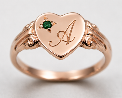 Kaedesigns Genuine 9ct 9k 375 Yellow, Rose or White Gold Green Emerald Heart Signet Ring + Engraving