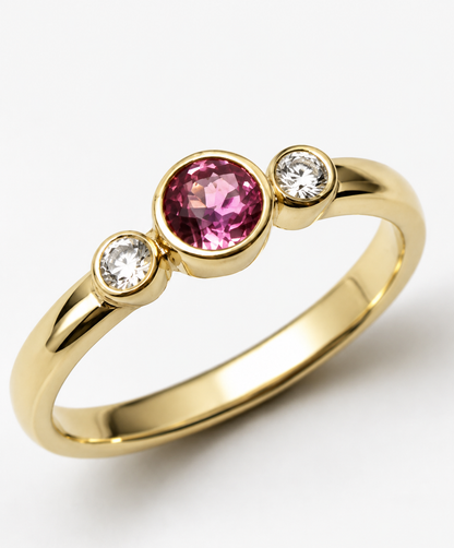 Kaedesigns, Genuine 9ct 9kt Yellow, Rose or White Gold Trilogy & Pink Tourmaline Ring