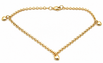 Genuine 9ct 9k 375 Solid Yellow or Rose Gold 25cm Belcher Anklet + 3 heart charms