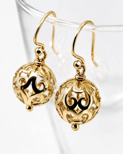 Genuine 9ct 9k 375 Yellow, Rose or White Gold Large Heavy 14mm Euro Ball Drop Filigree Earrings