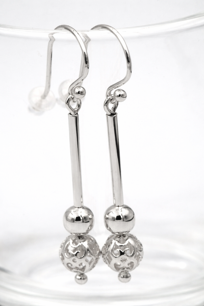 Genuine 9ct 9kt Yellow, Rose or White Gold Spinning 6mm Plain + 8mm Filigree Ball 50mm Drop Earrings