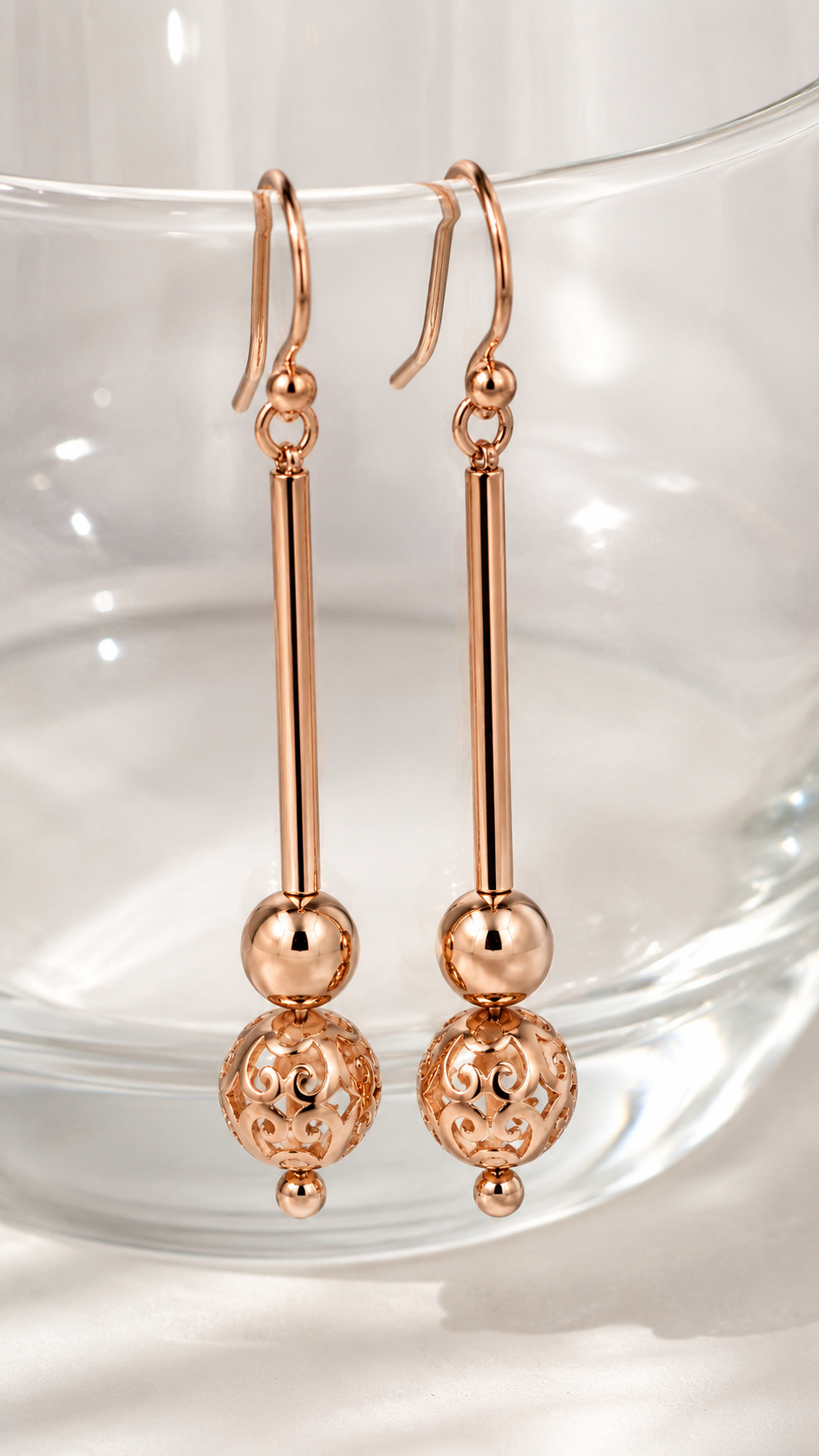Genuine 9ct 9kt Yellow, Rose or White Gold Spinning 6mm Plain + 8mm Filigree Ball 50mm Drop Earrings