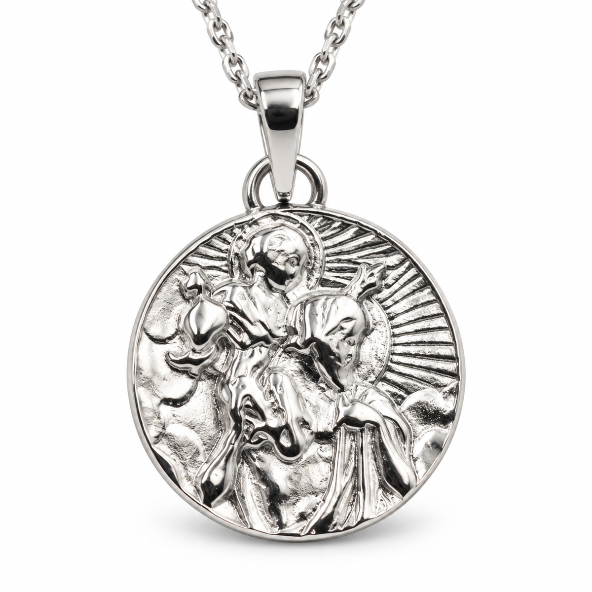Sterling Silver 925 St Christopher 21mm Round Pendant Travel Saint + Diamond Cut Necklace
